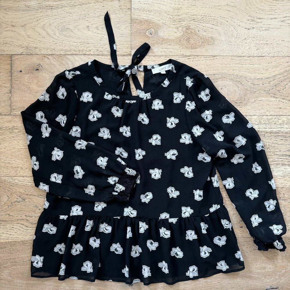 LOFT Floral Print Long Sleeve Peplum Blouse with Tie Back